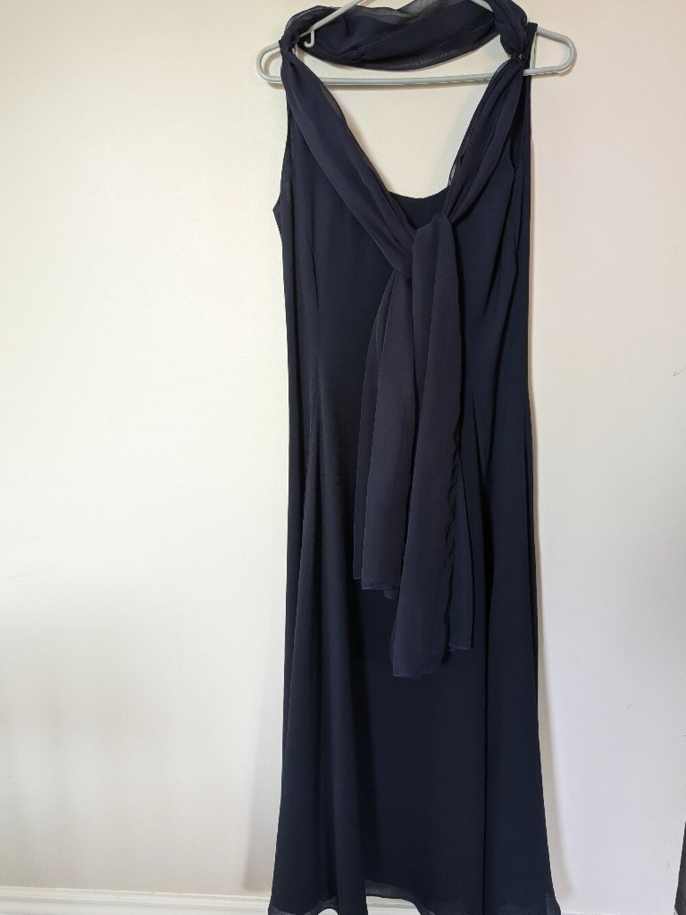 Lauren Ralph Lauren Sz 8 navy blue Maxi dress attached scarf-like drape